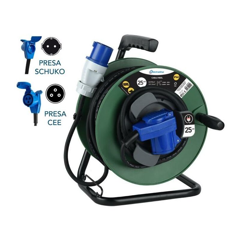 foto del prodotto electraline 49209 prolunga in gomma con avvolgicavo 25 mt per camper, campeggio, caravan, spina cee 3 poli e 2 prese industriale schuko ip44,