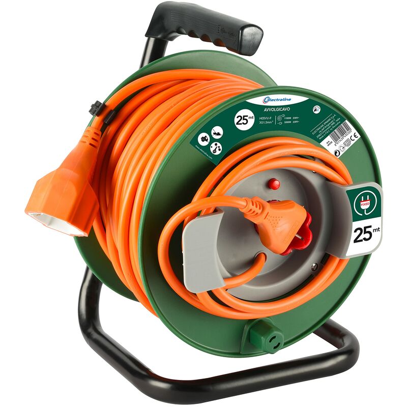 foto del prodotto electraline 49232 avvolgicavo con presa universale adatta per elettrodomestici da giardinaggio, protezione termica, 25mt., sezione cavo 3g1,5 mm 