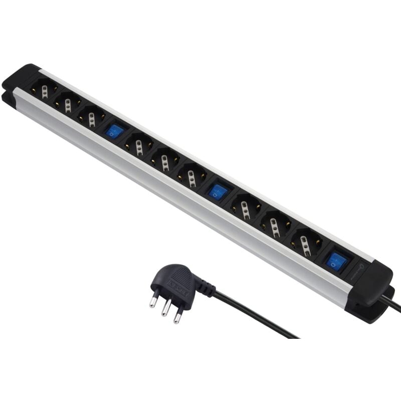 foto del prodotto electraline 61900, multipresa alu line 9 posti polivalenti schuko 10 16a e 3 interruttori luminosi 3 prese per interruttore , 2m, con corpo in