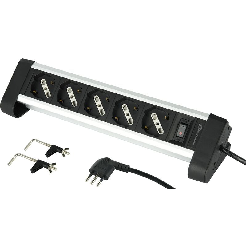 foto del prodotto electraline 61906 multipresa corpo in alluminio con 5 posti polivalenti, schuko 10 16 a, 2 supporti per fissaggio alla scrivania, spina piccola