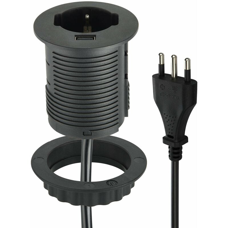 foto del prodotto electraline 61909 multipresa con 1 presa grommet polivalente 10 16a schuko da incasso per scrivania 1 usb quick charge 2a, con cavo 2m, nero