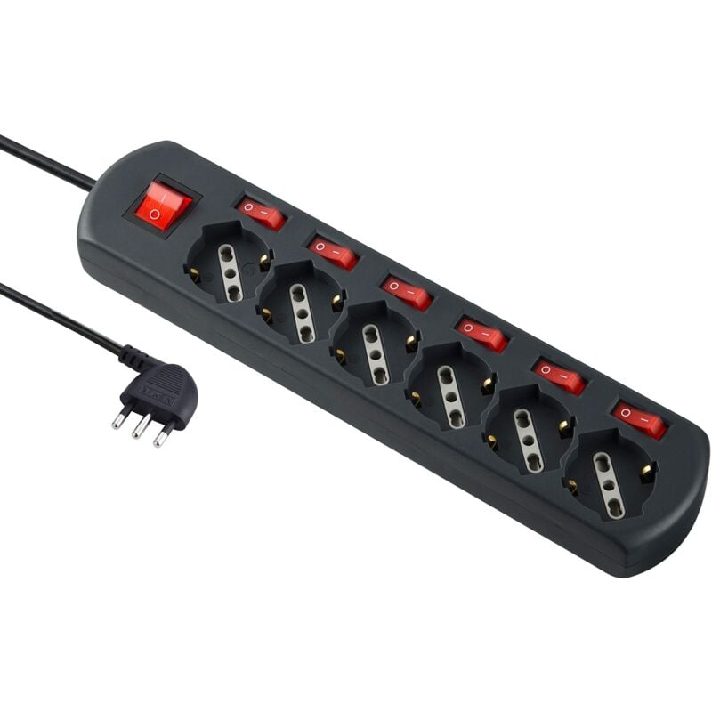 foto del prodotto electraline 62051 multipresa 6 posti polivalenti generale, 6 interruttori indipendenti, 6 prese universali, cavo di 1.5 m, nero