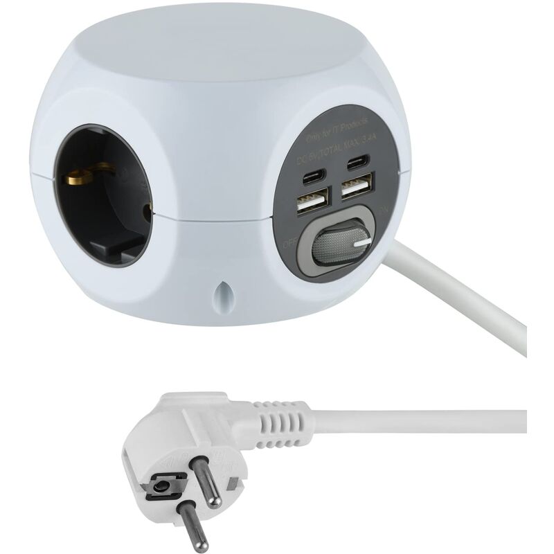 foto del prodotto electraline 62078 ciabatta mini cube a 3 vie con 4 17 w 2 di tipo c compatibili con la pi recente tecnologia 2 usb a 3.4a q.c con interruttore,