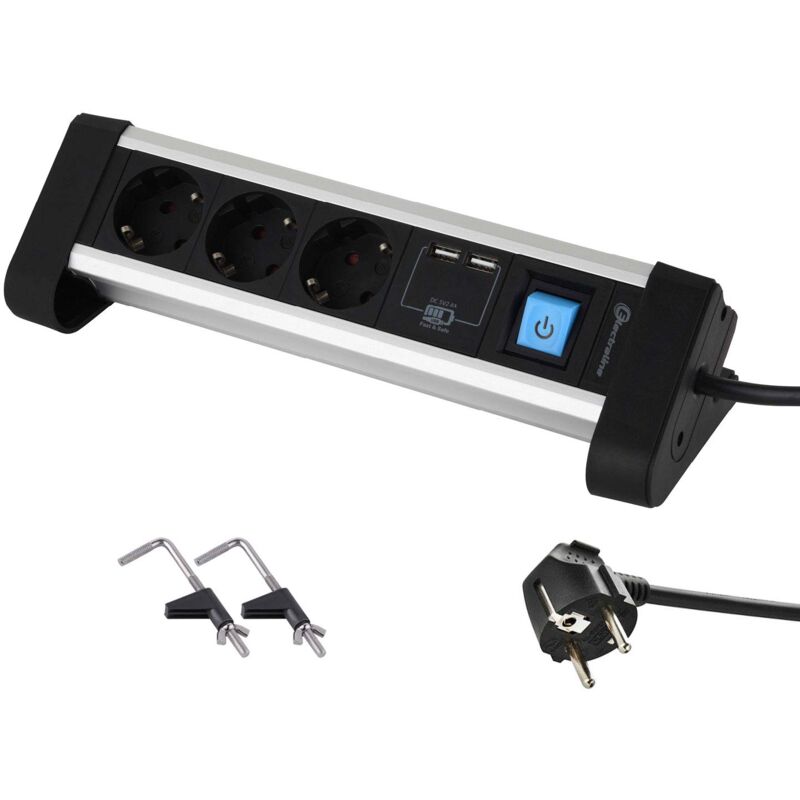 foto del prodotto electraline 62553, ciabatta multipla per tavolo da lavoro, con 62553 prese schuko 3 porte usb 2,4 a, 2 m, fissaggio con 2 supporti inclusi, cavo
