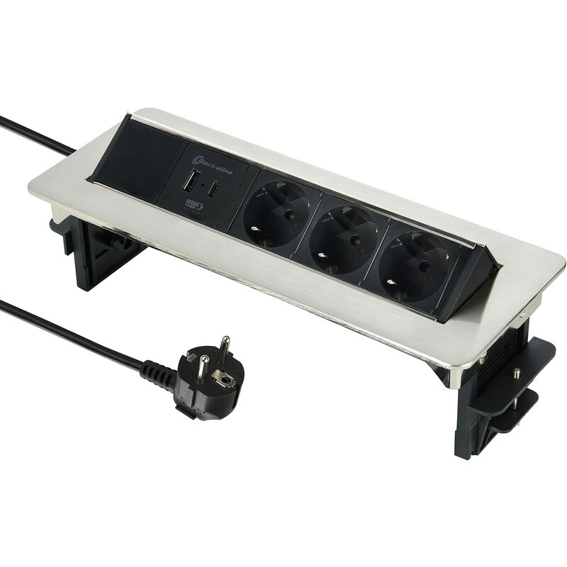foto del prodotto electraline 62570 presa retrattile da tavolo scrivania, presa integrata, 3 prese schuko, 2 usb 3.1a 1 tipo a 1 tipo c compatibile con le ultime