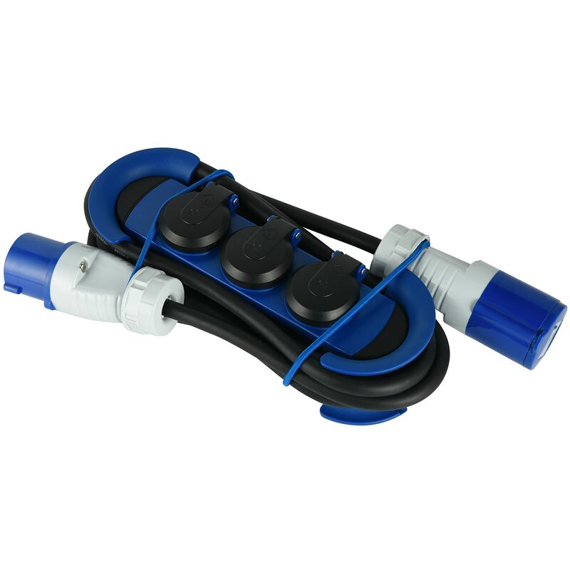 foto del prodotto electraline 62574 multipresa outdoor con spina cee, 1 presa cee 3 prese schuko con tappo ip44, appendibile con 2 ganci elastici fermacavo, cavo
