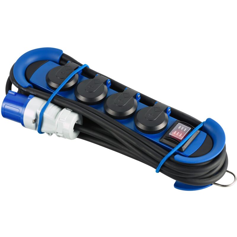 foto del prodotto electraline 62576 multipresa outdoor con spina cee, 4 prese schuko con tappo ip44, appendibile con 2 ganci elastici fermacavo, cavo in gomma 3m,
