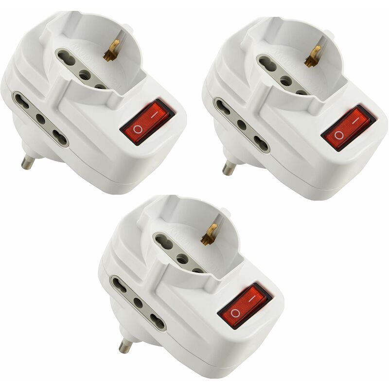 foto del prodotto electraline 92398 confezione da 3 adattatori multipresa tripla con interruttore, spina rotante 16a, bianco