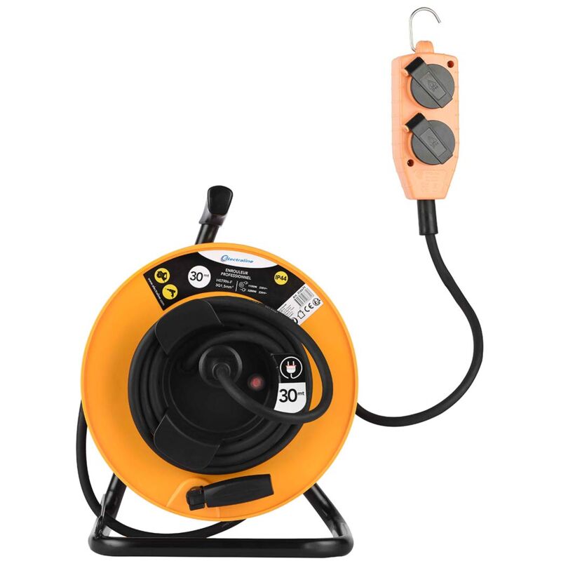 foto del prodotto electraline avvolgicavo 30mt con prolunga e multipresa 4 prese schuko con tamburo fisso cavo 3g1,5 ip44 49211