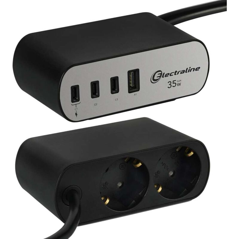 foto del prodotto electraline multipresa da scrivania nero 2 schuko 4 usb