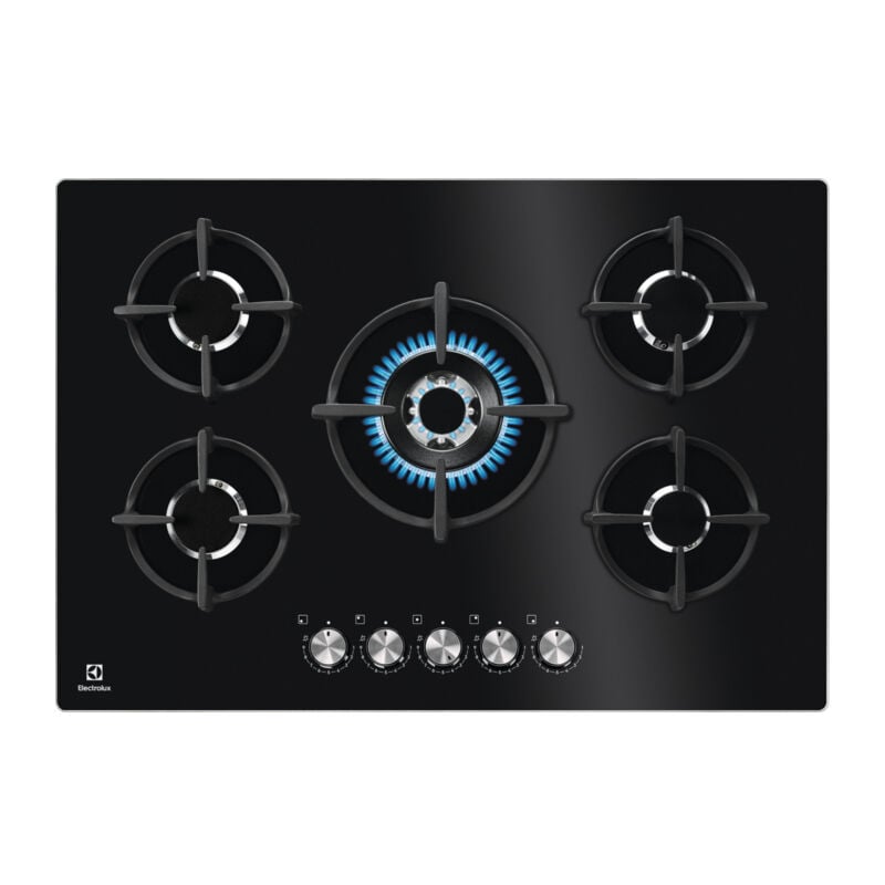 foto del prodotto electrolux kgg75372k. colore del prodotto nero, posizionamento dell apparecchio da incasso, dimensione della larghezza del piano cottura 74 cm.