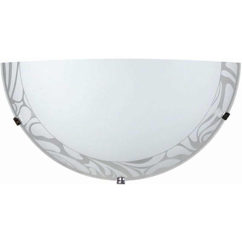 foto del prodotto elegante applique cromo con vetro decorato e lastra bianco, dotata di ganci per l installazione, adatta a contenere una lampadina e27.