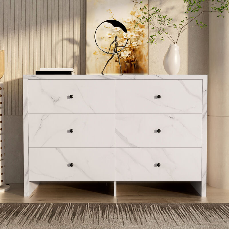 foto del prodotto elegante cassettiera credenza, mobile contenitore effetto marmo con 6 cassetti, maniglia in legno nero, 120 l x 40 p x 80 a cm