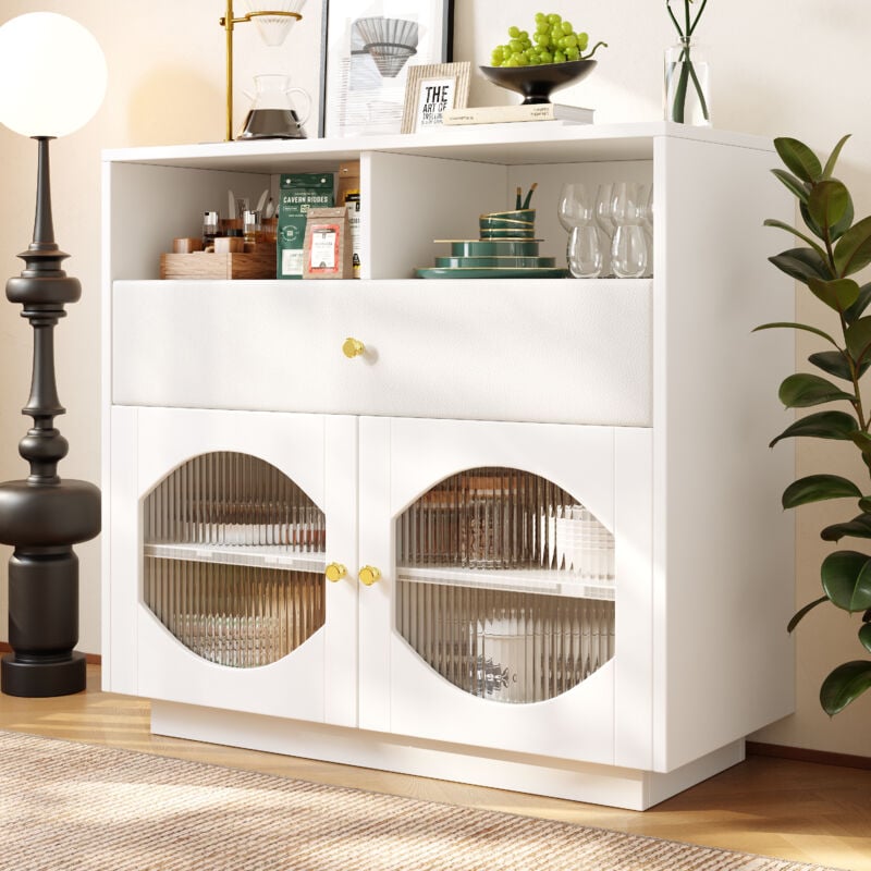 foto del prodotto elegante credenza 100x40x90,5 cm, mobiletto da cucina, 1 cassetto in similpelle 6 scomparti, ante in vetro, bianco