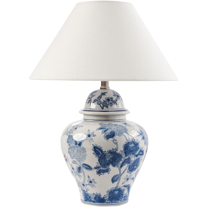 foto del prodotto elegante lampada da tavolo con base in porcellana patten floreale paralume a campana in lino illuminazione bianco e blu sorraia