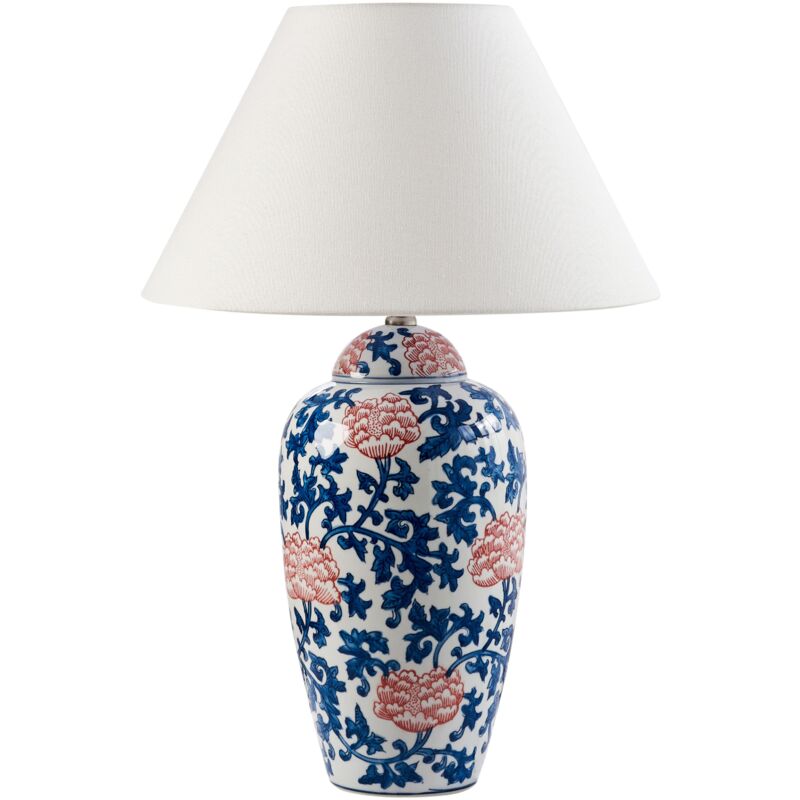 foto del prodotto elegante lampada da tavolo con base in porcellana patten floreale paralume a campana in lino illuminazione bianco e blu verusa