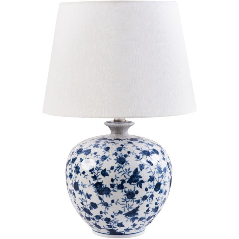 foto del prodotto elegante lampada da tavolo con base in porcellana patten floreale paralume in lino a tamburo illuminazione in bianco e blu silves