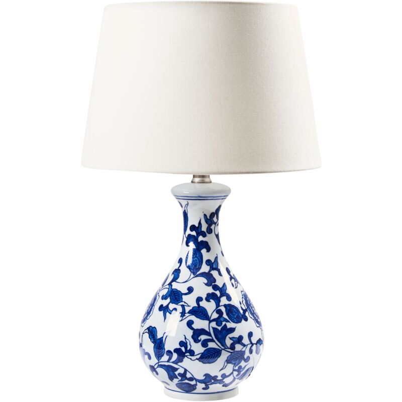 foto del prodotto elegante lampada da tavolo con base in porcellana patten floreale paralume in lino illuminazione bianco e blu carmen