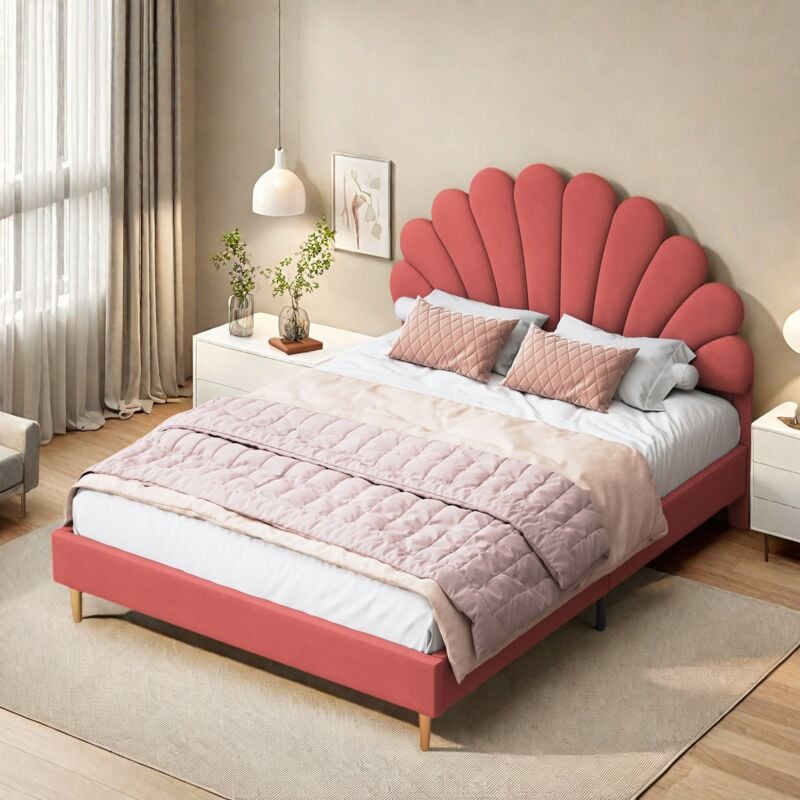 foto del prodotto elegante letto imbottito 140 x 200 cm, letto per adulti con rete a doghe, letto matrimoniale con testiera a forma di fiore, tessuto in velluto,