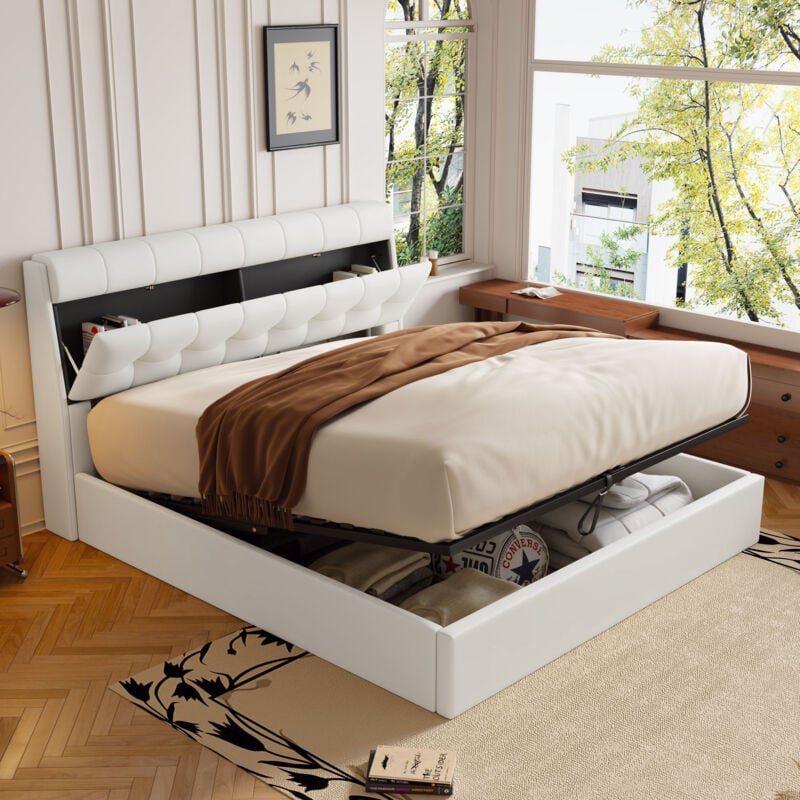 foto del prodotto elegante letto imbottito, 140200, letto idraulico, contenitore nascosto nella testiera, box letto, pu, con rete a doghe e con testiera, senza