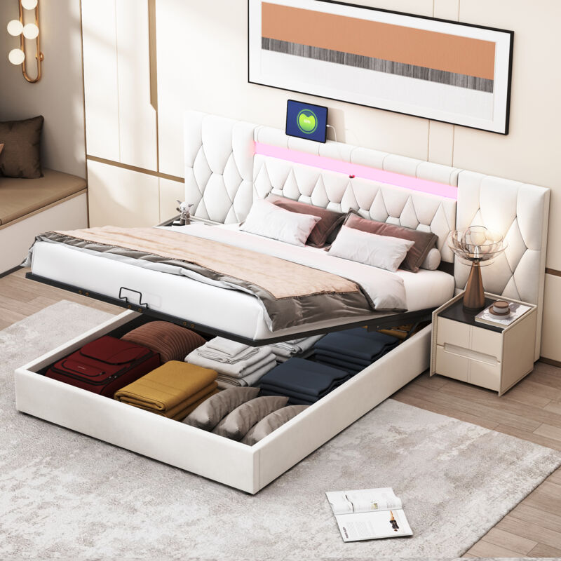 foto del prodotto elegante letto imbottito 160x200 con ampio schienale, letto in velluto con led e presa usb, sistema di stoccaggio idraulico, letto classico beige