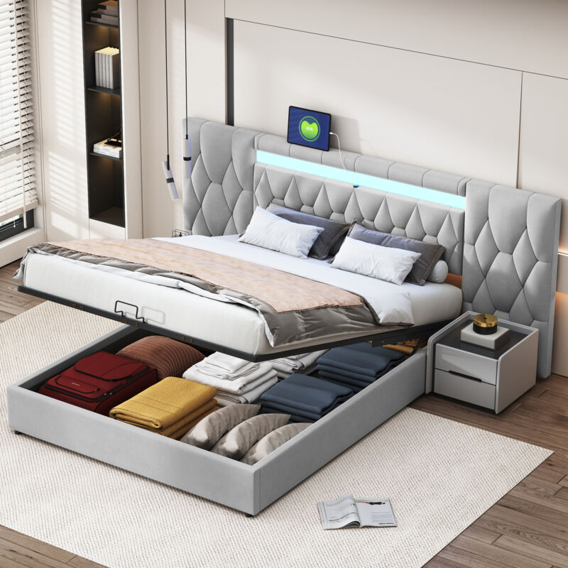 foto del prodotto elegante letto imbottito 160x200 con ampio schienale, letto in velluto con led e presa usb, sistema di stoccaggio idraulico, letto classico grigio