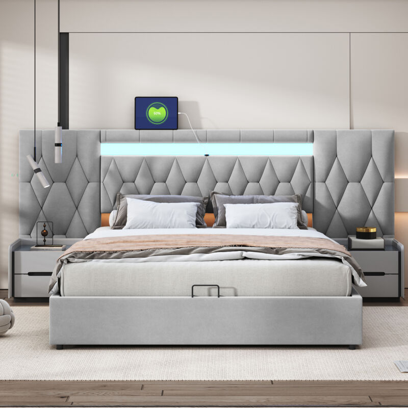 foto del prodotto elegante letto imbottito 160x200 con ampio schienale, letto in velluto con led e presa usb, sistema di stoccaggio idraulico, letto classico grigio