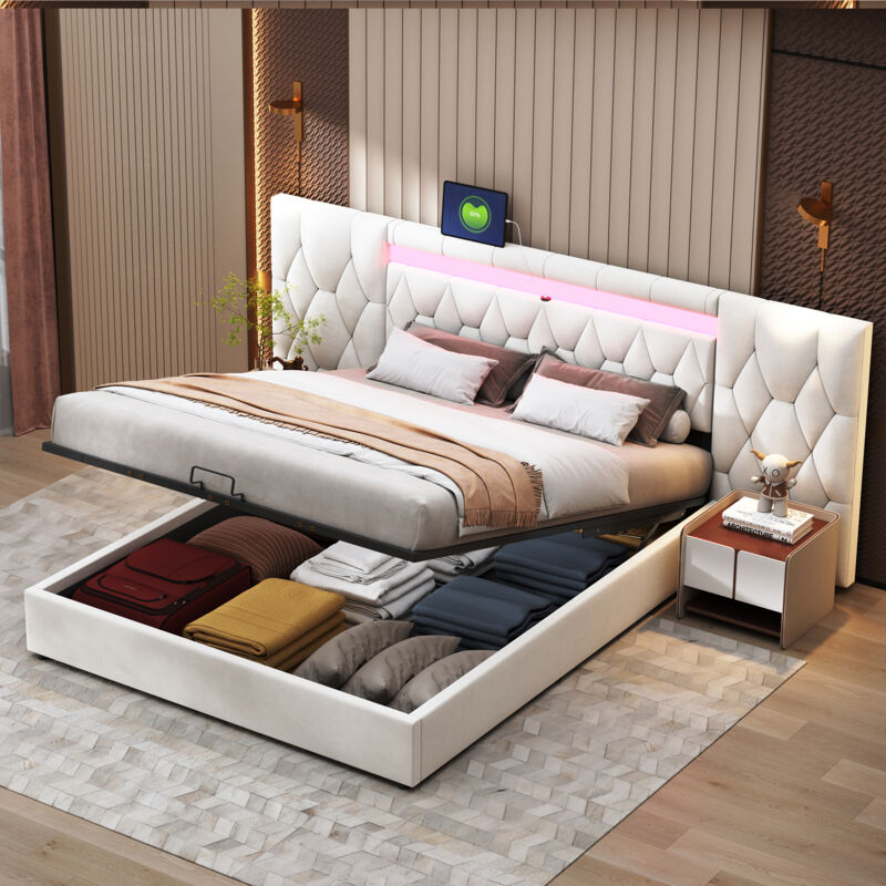 foto del prodotto elegante letto imbottito 180x200 con ampio schienale, letto in velluto con led e presa usb, sistema di stoccaggio idraulico, letto classico beige