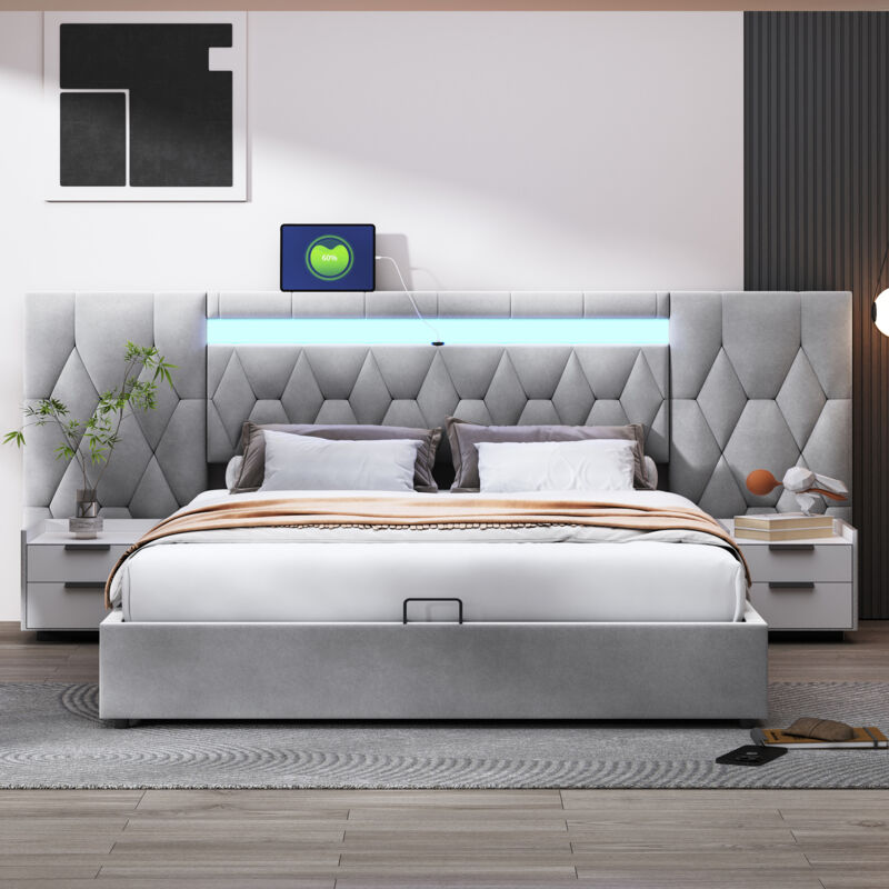 foto del prodotto elegante letto imbottito 180x200 con ampio schienale, letto in velluto con led e presa usb, sistema di stoccaggio idraulico, letto classico grigio