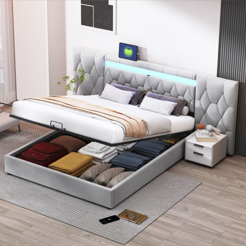 foto del prodotto elegante letto imbottito 180x200 con ampio schienale, letto in velluto con led e presa usb, sistema di stoccaggio idraulico, letto classico grigio