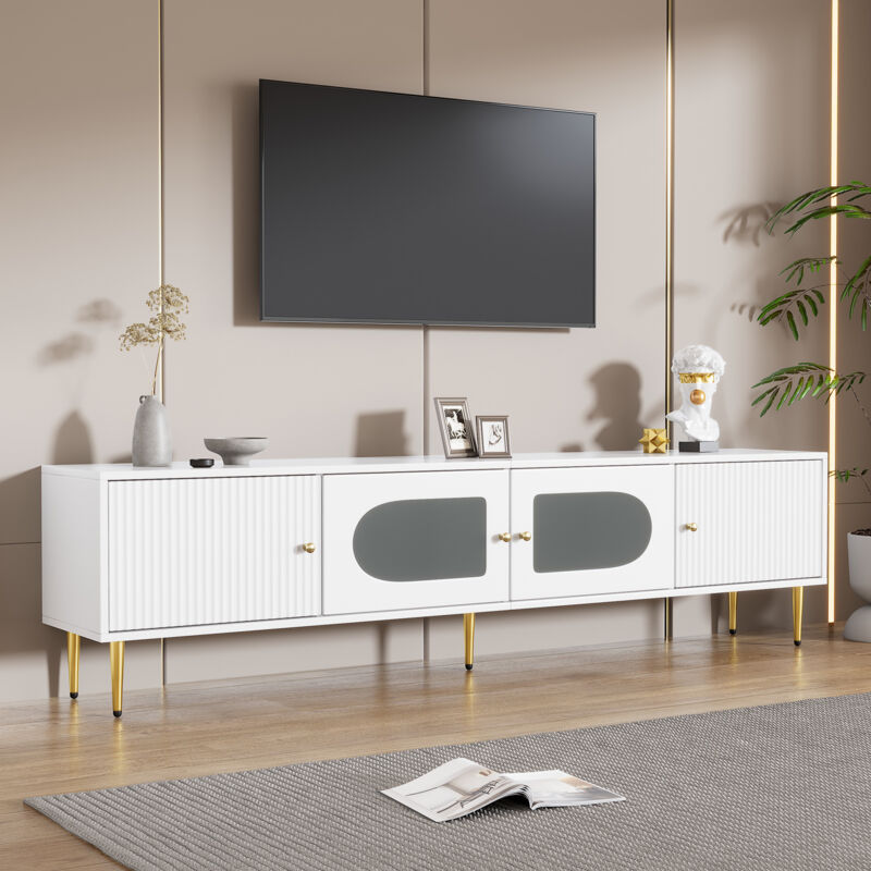 foto del prodotto elegante mobile porta tv 170 x 35 x 50 cm con gambe e maniglie dorate, 4 ante 4 vani portaoggetti, bianco