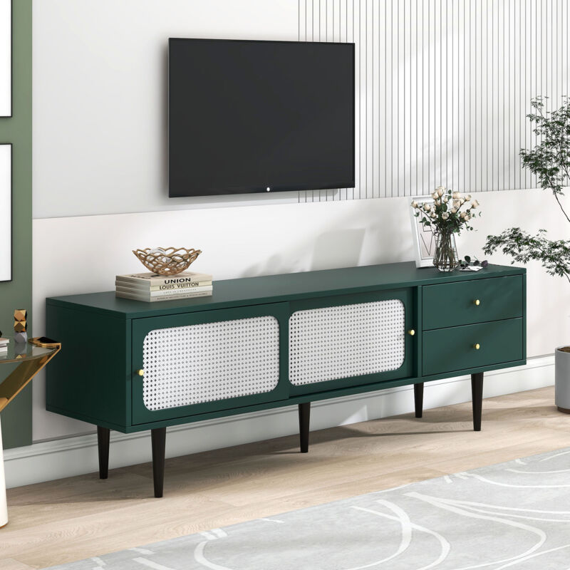 foto del prodotto elegante mobile porta tv con 2 ante scorrevoli in rattan 2 pratici cassetti, 4 scomparti con laminato mobile, verde