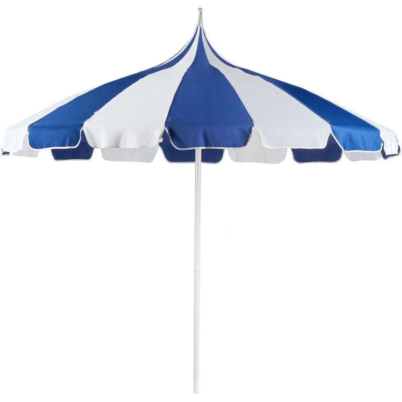 foto del prodotto elegante ombrellone da giardino 245 cm palo in alluminio bianco tessuto poliestere blu e bianco minoa