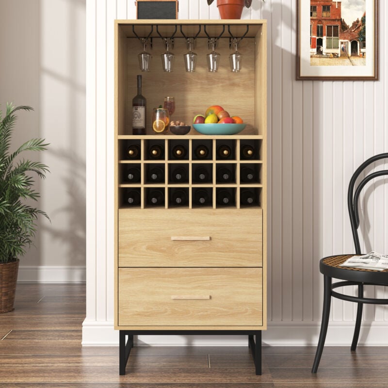 foto del prodotto elegante portabottiglie in legno con 2 cassetti gancio per bicchieri, portabottiglie da 18 bottiglie, ideale per cucina, soggiorno, bar