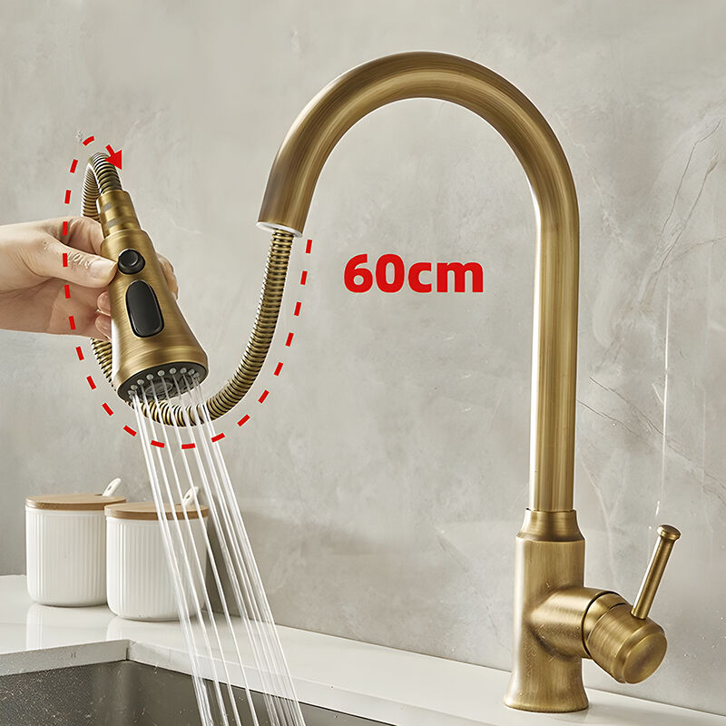 foto del prodotto elegante rubinetto da cucina in rame, stile antico, rotazione a 360 , doppio controllo della temperatura per acqua calda fredda, tre modalit di
