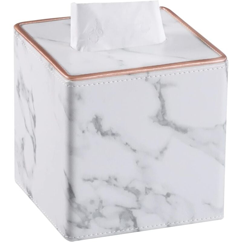 foto del prodotto elegante scatola quadrata per fazzoletti in ecopelle con retro magnetico, per bagno, camera da letto o ufficio, motivo marmo bianco, dimensioni 