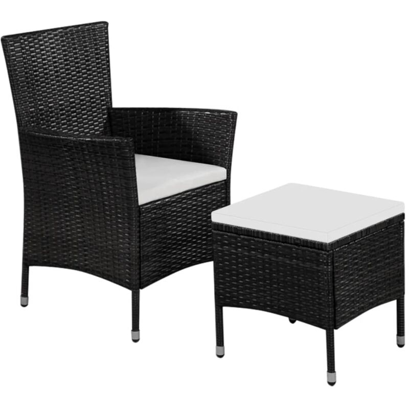 foto del prodotto elegante sedia da esterno con sgabello e cuscini in polyrattan vari colori colore nero e bianco