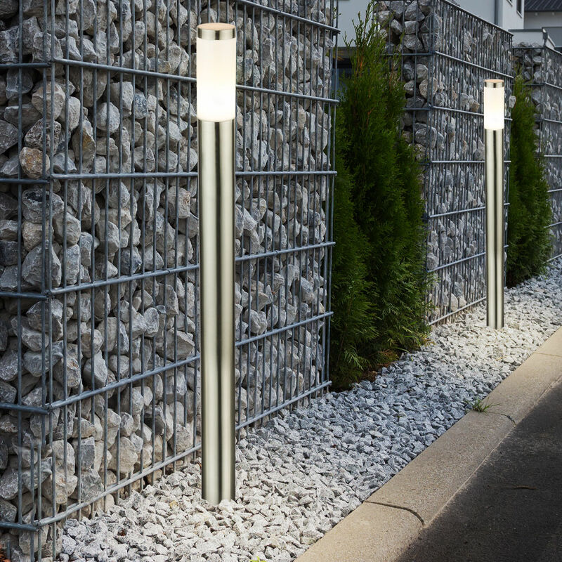foto del prodotto elegante set di 2 lampade da terra in acciaio inox con base per illuminazione esterna 1x e27 ip44