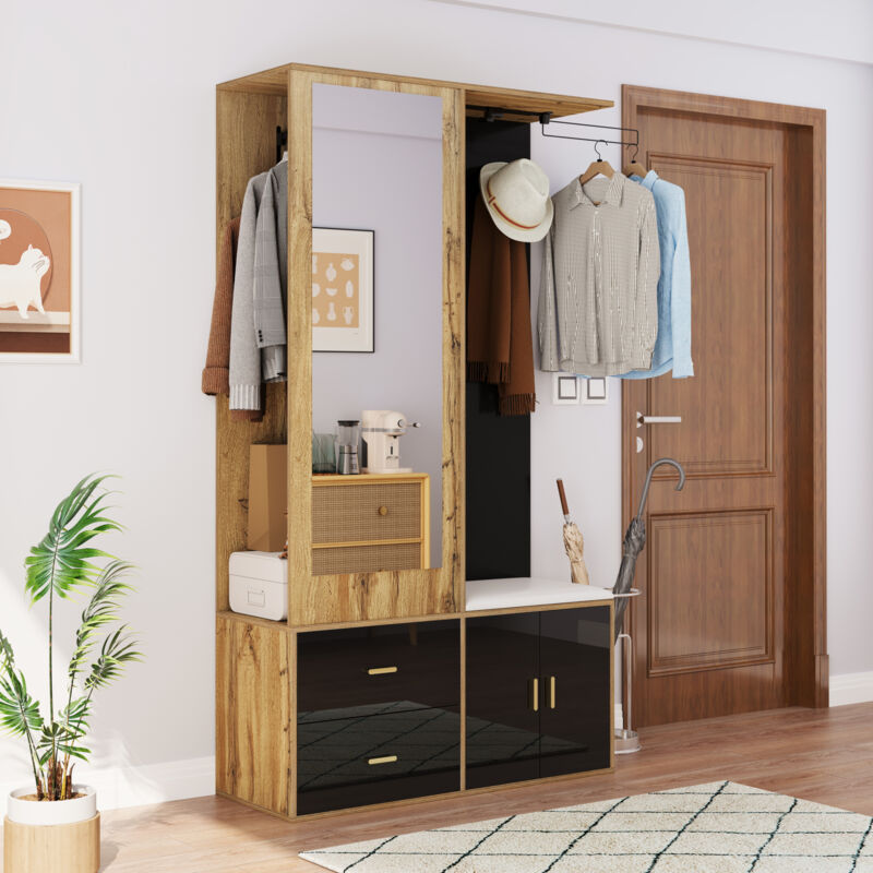 foto del prodotto elegante set di mobili da ingresso in legno e nero con specchio, armadio con scarpiera, appendiabiti estensibile
