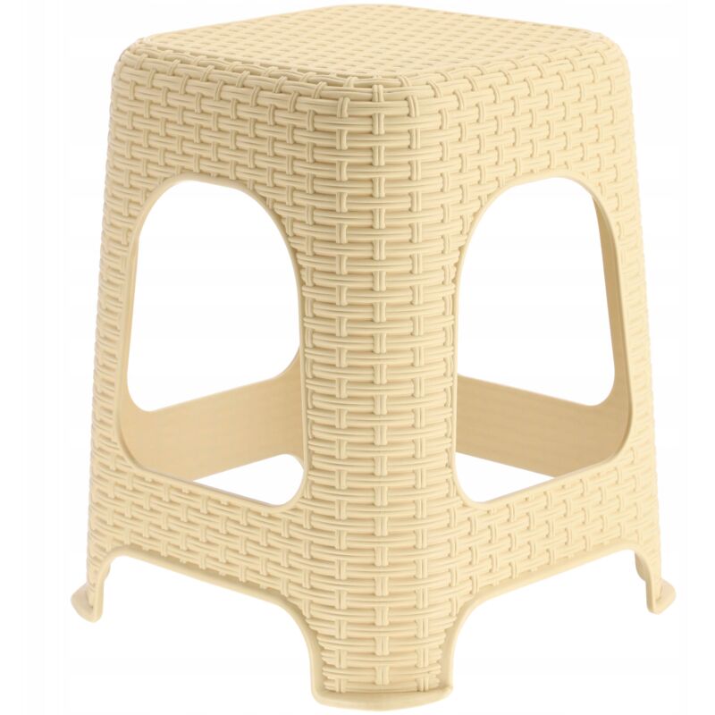 foto del prodotto elegante sgabello in plastica effetto rattan, sgabello con piedini antiscivolo per uso interno ed esterno beige kadax