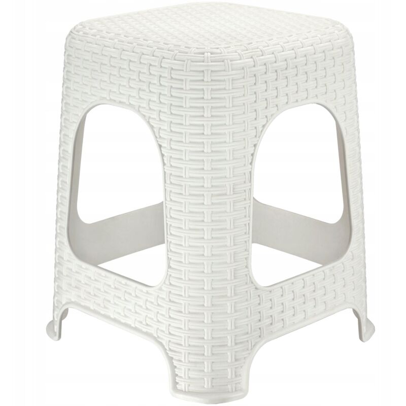 foto del prodotto elegante sgabello in plastica effetto rattan, sgabello con piedini antiscivolo per uso interno ed esterno bianco kadax