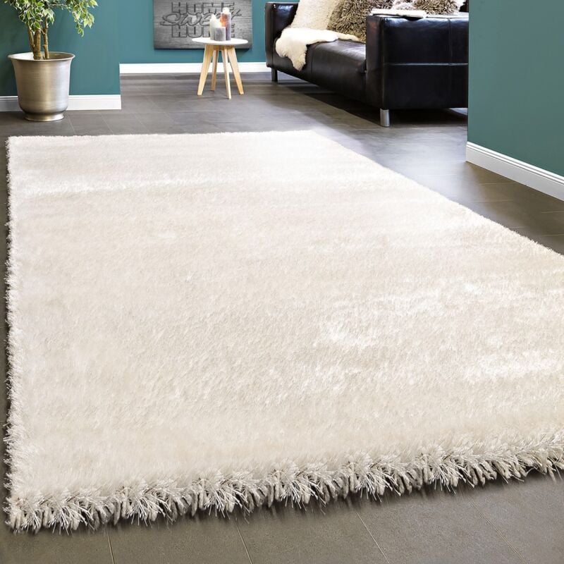 foto del prodotto elegante tappeto shaggy pelo alto tinta unita morbido brillante in crema bianco 120x170 cm paco home