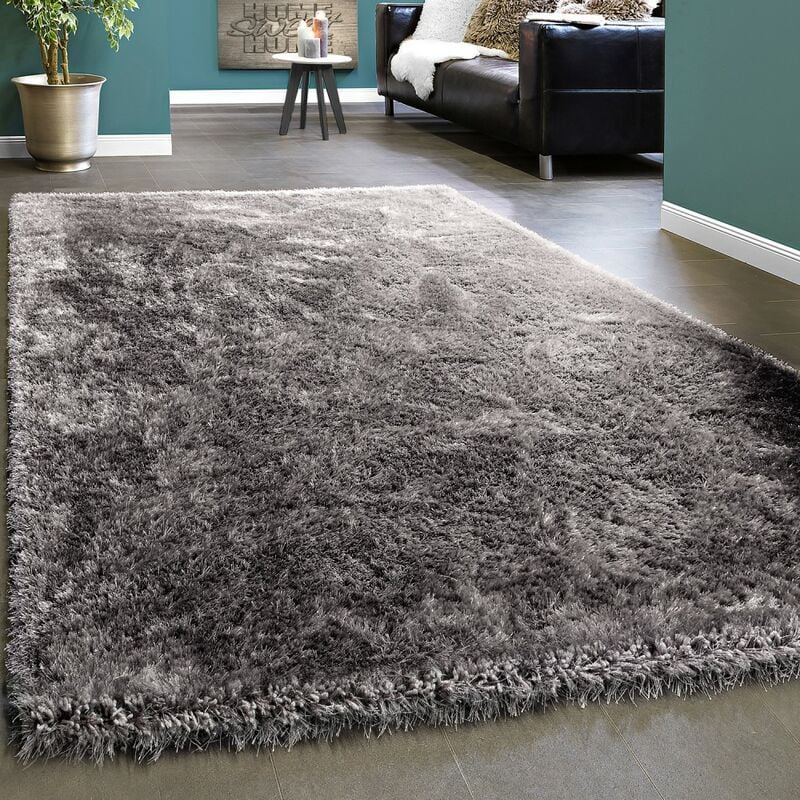 foto del prodotto elegante tappeto shaggy pelo alto tinta unita morbido brillante in grigio chiaro 120x170 cm paco home