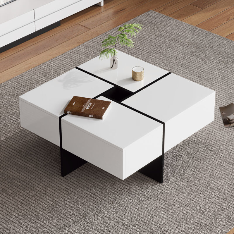 foto del prodotto elegante tavolino quadrato lucido, tavolo da soggiorno, credenza bassa con 4 cassetti, vano portaoggetti, tavolino da divano 70 x 70 x 35 cm, bianco