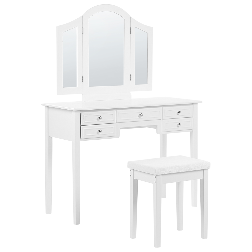 foto del prodotto elegante toeletta in stile retrò bianca con 5 cassetti e specchio camera da letto vintage