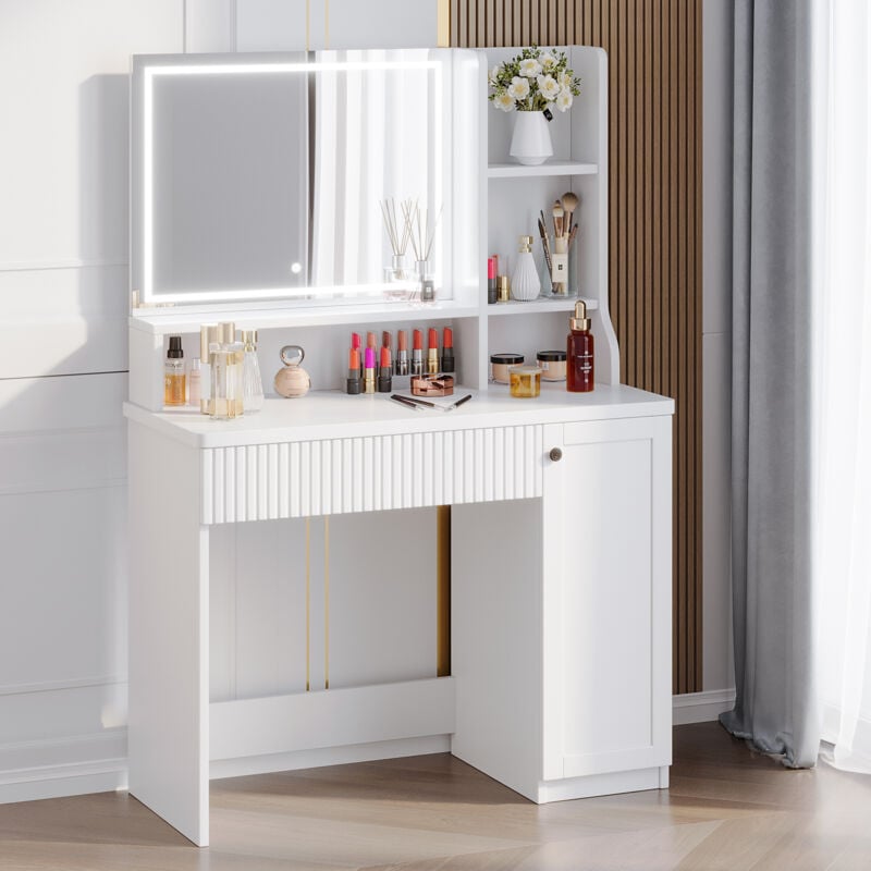 foto del prodotto elegante toletta con specchio led a luminosit regolabile, toletta in legno, 1 cassetto 3 scomparti, 90x40x138,5 cm, bianco