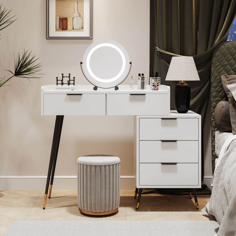 foto del prodotto elegante toletta con specchio led orientabile, 2 cassetti con scomparti portaoggetti, 5 cassetti, gambe in metallo placcato oro, 80x40x101 cm, bianco