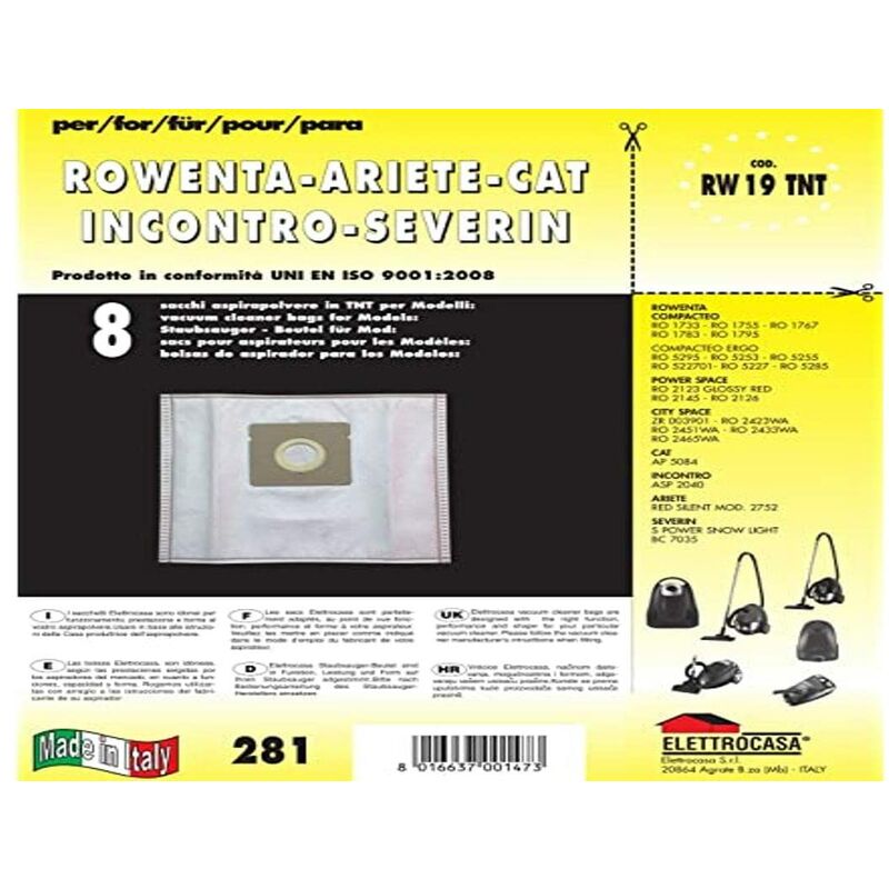 foto del prodotto elettrocasa sacchetti aspirapolvere per rowenta 8 pezzi sacchetti per aspirapolvere rw 19 in tnt sacchi aspirapolvere per pulizia casa