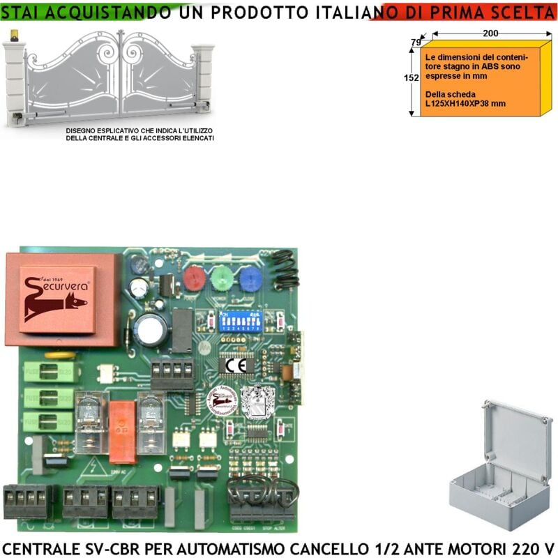 foto del prodotto elettronica comando cancello 2 ante cbr 230 v 50 hz con ricevente radio 433,92 mhz apprende 254 codici 8 funzioni regolazione forza memorizza corsa e