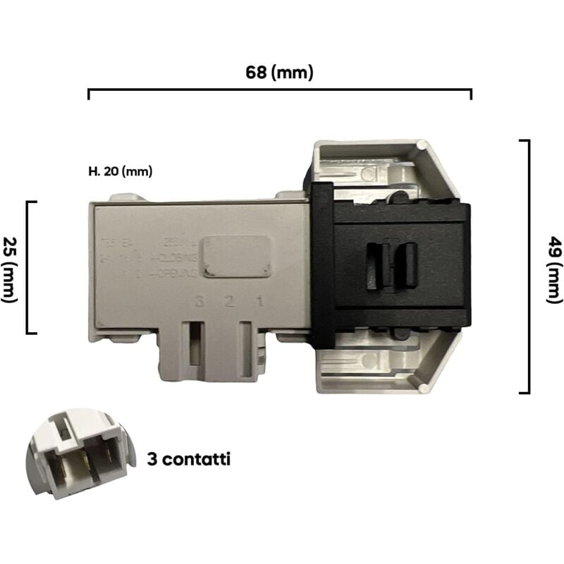 foto del prodotto elettroserratura microritardatore per lavatrice bosch siemens, numero contatti 3, dimensioni 68x49 mm , modelli compatibili wxp wm cm cwf waa